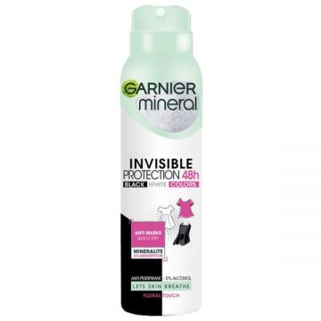 Deodorant Antiperspirant Spray - Garnier Mineral Invisible Protection 48h Black White Colors Floral Touch, 150 ml ieftin