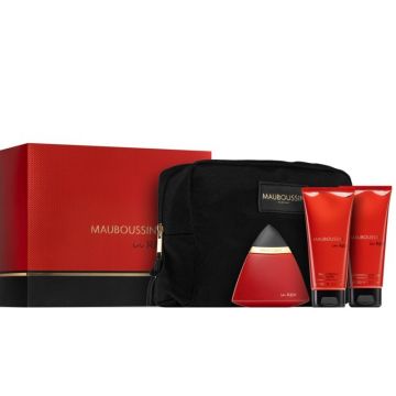 Set cadou Mauboussin In Red, Femei, Apa de Parfum, 100 ml + Gel de dus 100 ml + Lotiune de corp 100 ml + Portfard de firma original