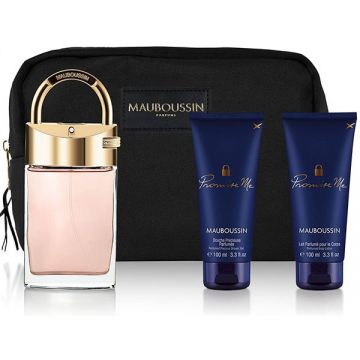 Set Cadou Mauboussin Promise Me, Femei, Apa de parfum 90 ml + Gel de dus 100 ml + Lotiune de corp 100 ml + Geanta neagra de firma original