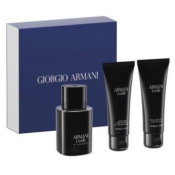 Set cadou Giorgio Armani Code, Barbati, Apa de toaleta 50 ml + Balsam dupa ras 75 ml + Gel de dus 75 ml de firma original