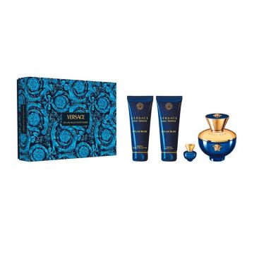 Set cadou Versace Dylan Blue, Femei, 100 ml Apa de Parfum, 100 ml Gel de Dus, 100 ml Lotiune de Corp, mini Apa de Parfum, 5 ml de firma original