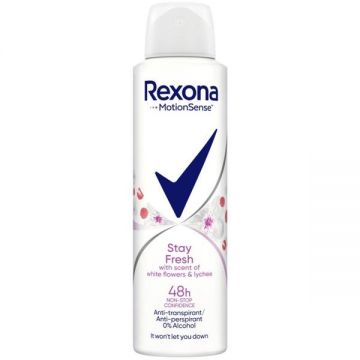 Deodorant Antiperspirant Spray pentru Femei cu Parfum Floral - Rexona MotionSense Stay Fresh with Scent of Whte Flowers & Lychee 48h, 150 ml