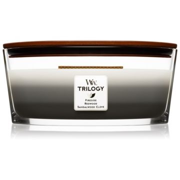 Woodwick Trilogy Warm Woods lumânare parfumată cu fitil din lemn (hearthwick) de firma original