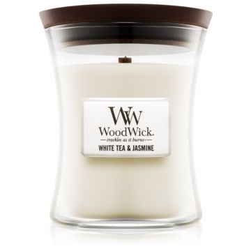 Woodwick White Tea & Jasmine lumânare parfumată cu fitil din lemn de firma original