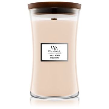 Woodwick White Honey Miel Blanc lumânare parfumată cu fitil din lemn