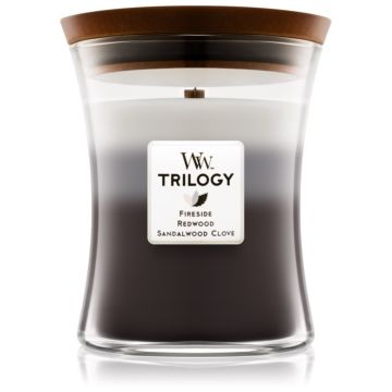 Woodwick Trilogy Warm Woods lumânare parfumată cu fitil din lemn