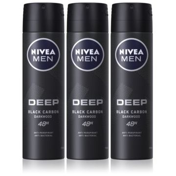 NIVEA MEN Deep Black Carbon Darkwood spray anti-perspirant ambalaj economic pentru bărbați 3 x 150 ml