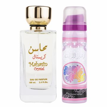 Set Mahasin Crystal, apa de parfum 100 ml si deodorant 50 ml, femei de firma original