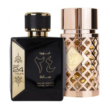 Pachet 2 parfumuri best seller, Oud 24 Hours 100 ml pentru el si Jazzab Gold 100 ml pentru ea