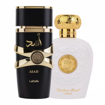 Pachet 2 parfumuri Lattafa, Asad 100 ml pentru el si Opulent Musk 100 ml pentru ea