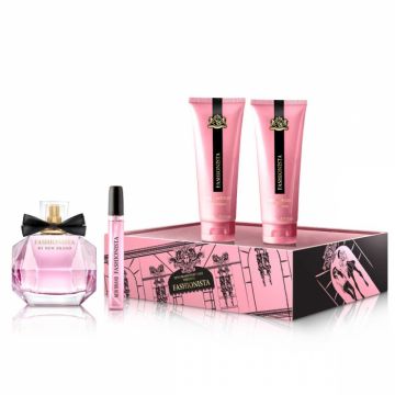 Set Fashionista (colectia Prestige), apa de parfum 100 ml + apa de parfum 15 ml + gel de dus 130 ml + lotiune de corp 130 ml, femei