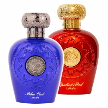 Pachet 2 parfumuri Best Seller, Blue Oud 100 ml pentru el si Opulent Red 100 ml pentru ea