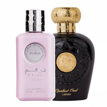 Pachet 2 parfumuri Best Seller, Dirham Wardi 100 ml pentru ea si Opulent Oud 100 ml pentru el la reducere