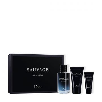 Set Cadou Christian Dior Sauvage, Barbati, Apa de Parfum (Continut set: 60 ml Apa de Parfum + 50 ml Gel de dus + 20 ml Crema de fata)