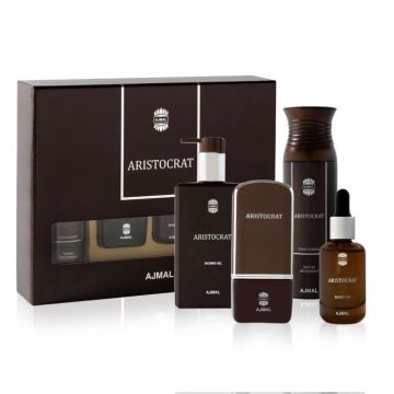 Set cadou Ajmal Aristocrat, Apa de parfum, Barbati, 75 ml + Deodorant spray 200 ml, Ulei barba 30 ml + Gel de dus 200 ml de firma original