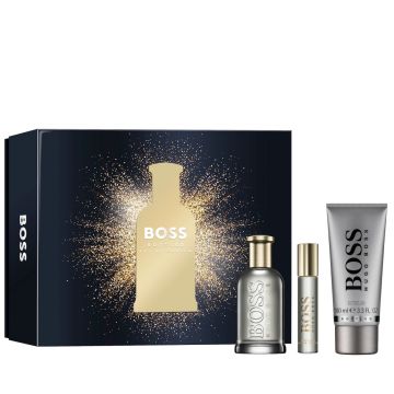 Set cadou Boss Bottled, Barbati, Apa de Parfum 100 ml + Gel de Dus, 100 ml + mini Apa de Parfum, 10 ml (Continut set: 100 ml Apa de Parfum + 100 ml Gel de Dus + 10 ml Apa de Parfum) de firma original