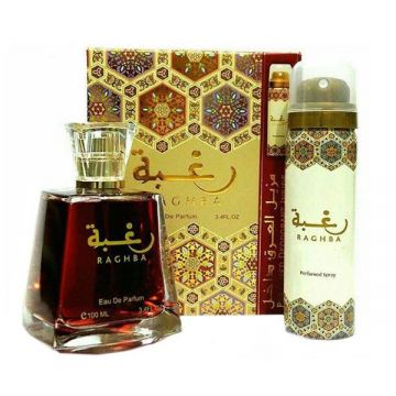 Set Apa de Parfum, 100 ml + Deodorant Spray, 50 ml, Unisex - Lattafa Perfumes, Raghba, 1 set de firma original